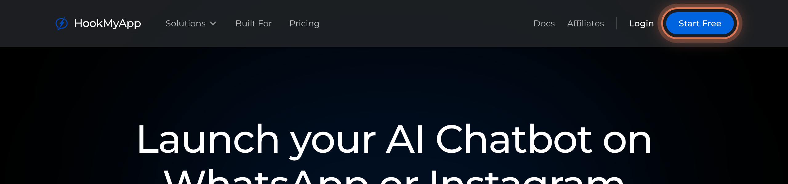 The HookMyApp home page with the Start Free button highlighted in the top corner