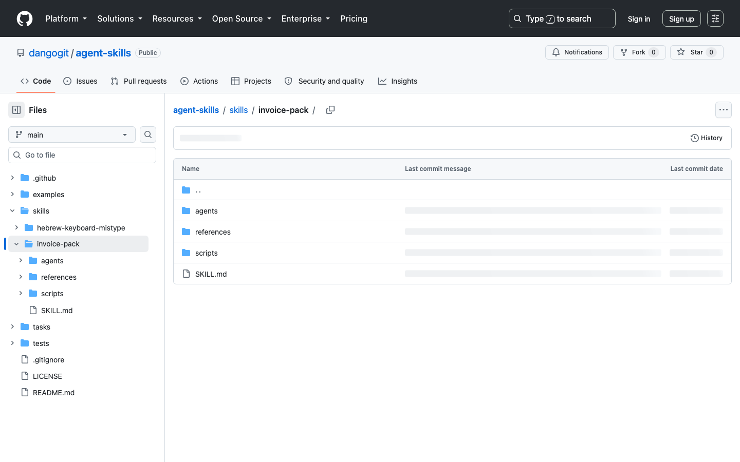 The Invoice Pack page in the Golden Skills repo on GitHub